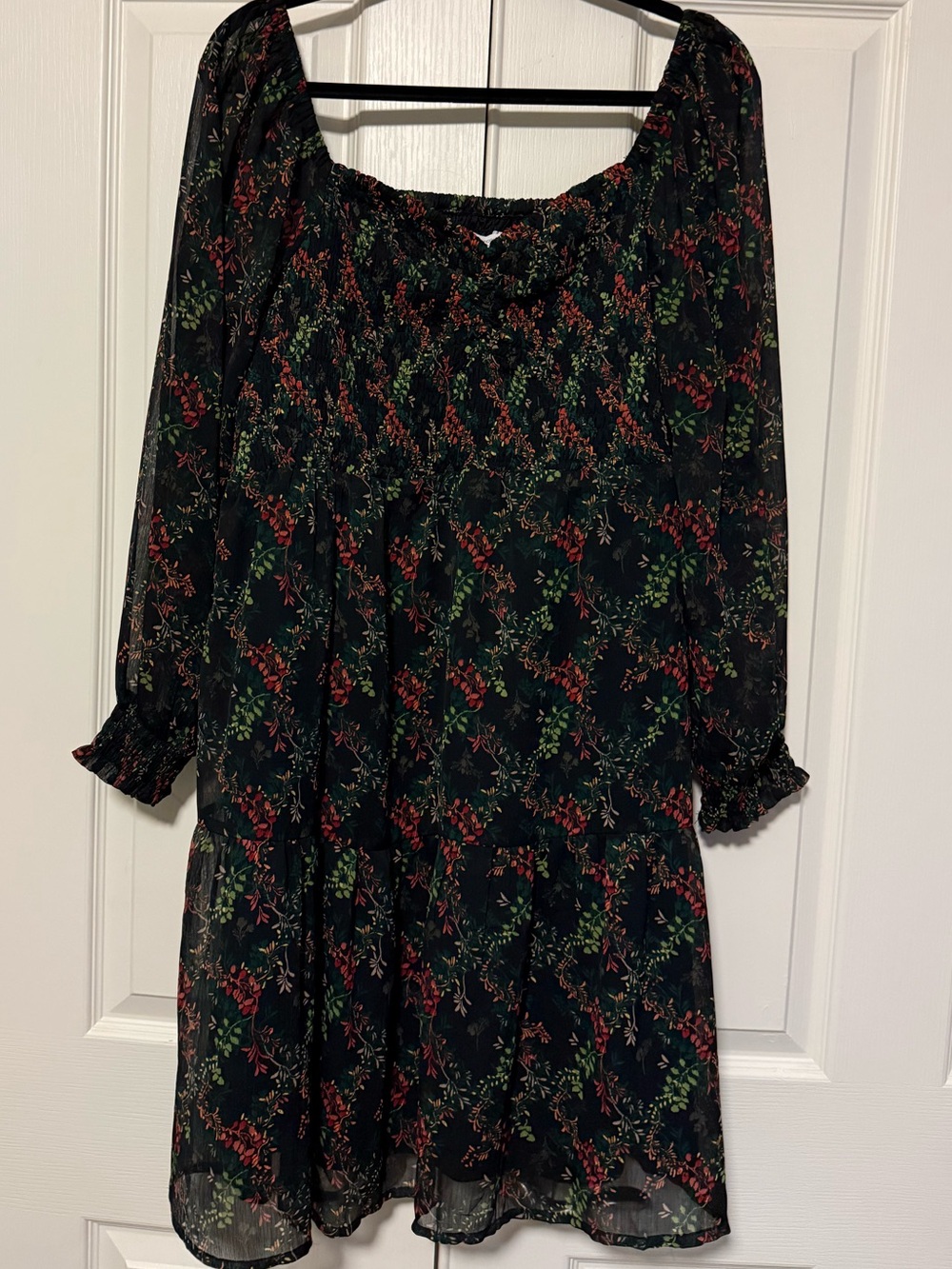 Maurice’s Black Floral Smocked Neck Long Sleeve Dress